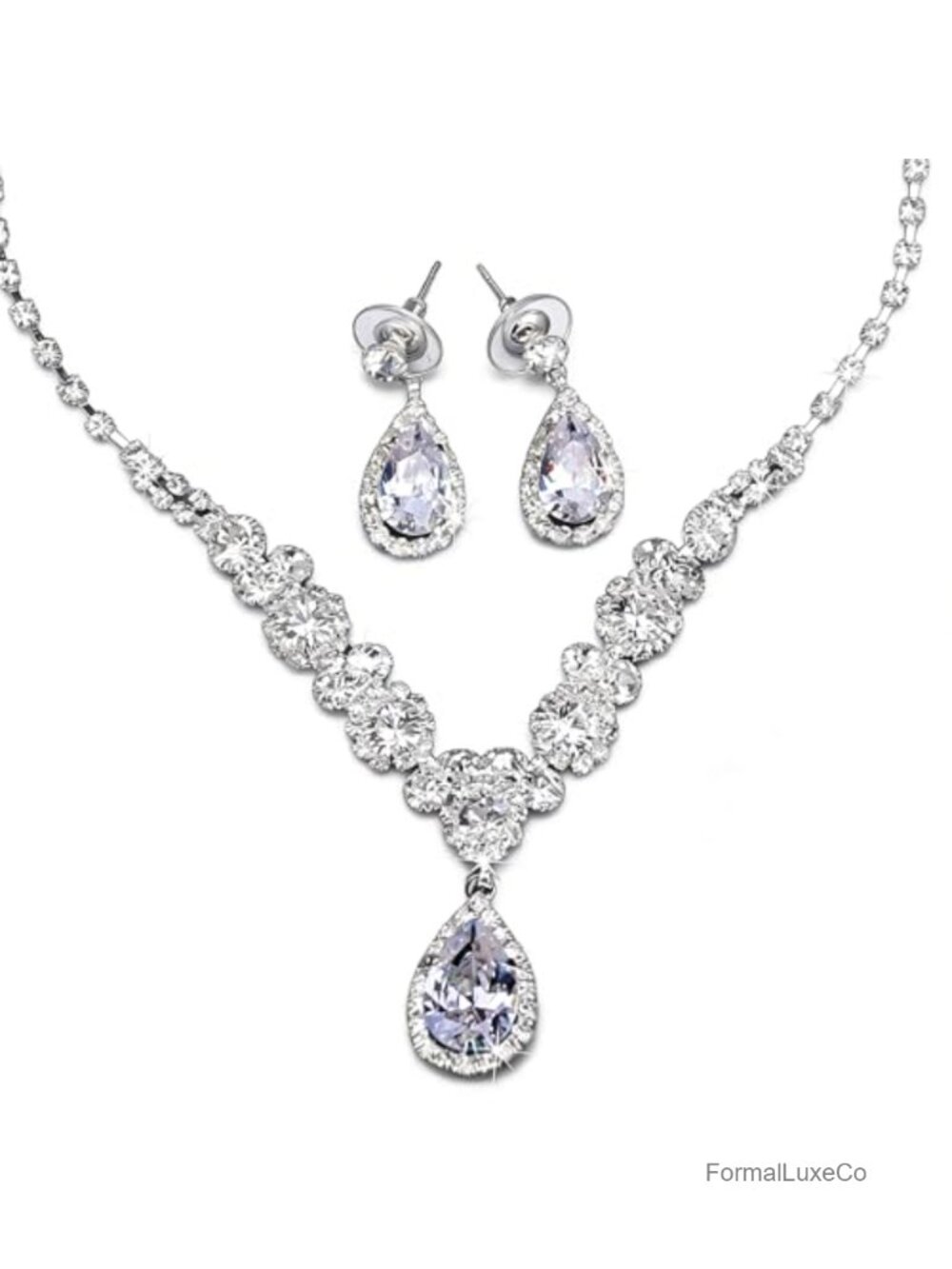 Bridal Jewelry Set Silver Crystal Wedding Necklace Earrings Rhinestone Teardrop